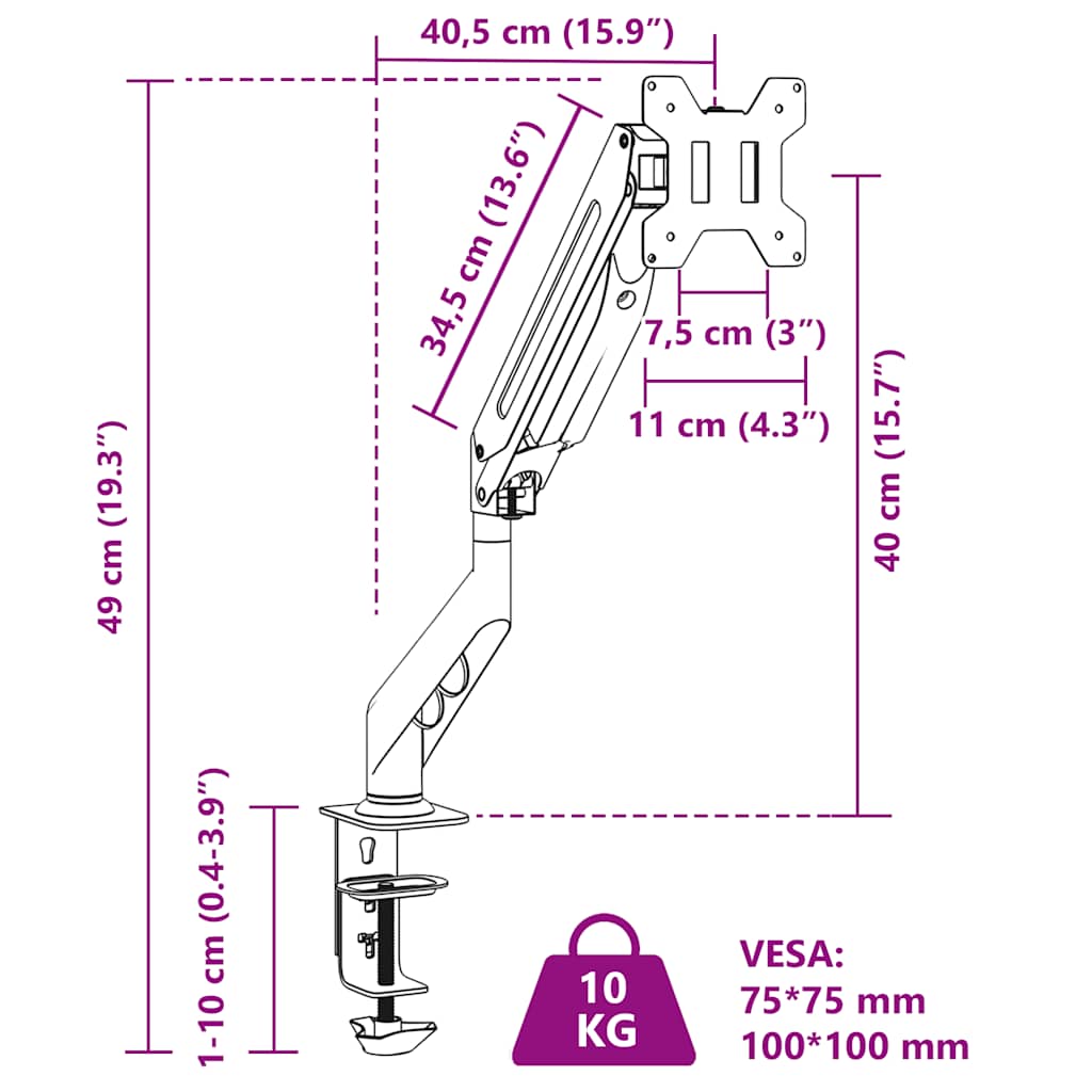 vidaXL Monitorarm Einzeln für Max 27 Zoll Gasfeder 10 kg