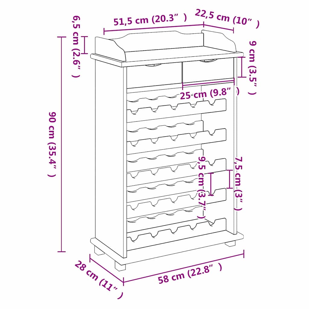vidaXL Weinregal Natur 58 x 28 x 90 cm Massives Kiefernholz