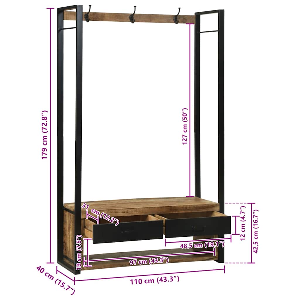 vidaXL Kleiderständer Braun 110 x 40 x 179 cm Massivholz Mango