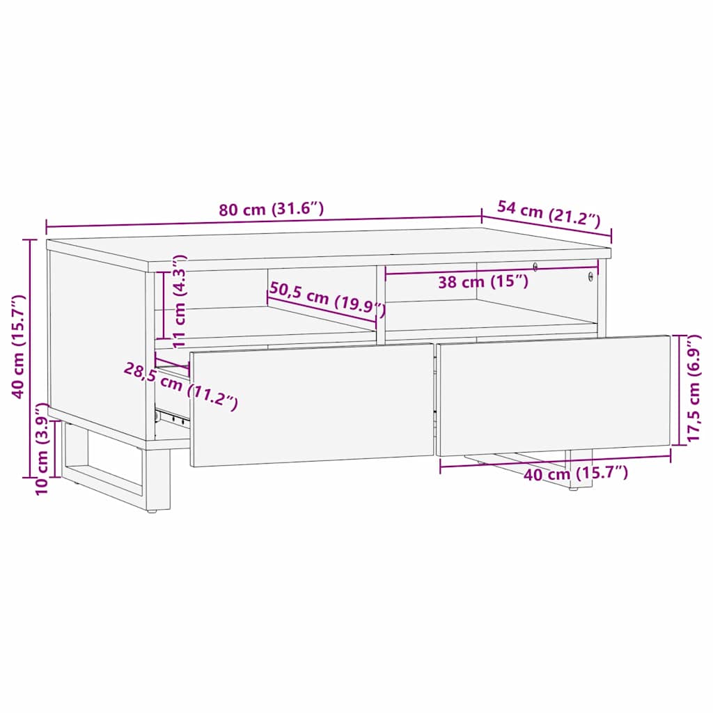 vidaXL Couchtisch Braun und Schwarz 80 x 54 x 40 cm Massivholz Akazie