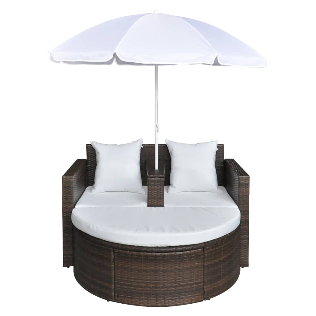 vidaXL Gartenbett mit Sonnenschirm Braun Poly Rattan