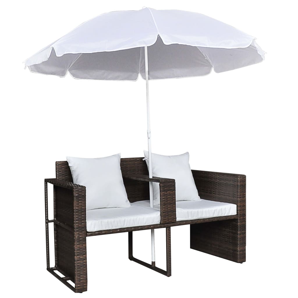vidaXL Gartenbett mit Sonnenschirm Braun Poly Rattan