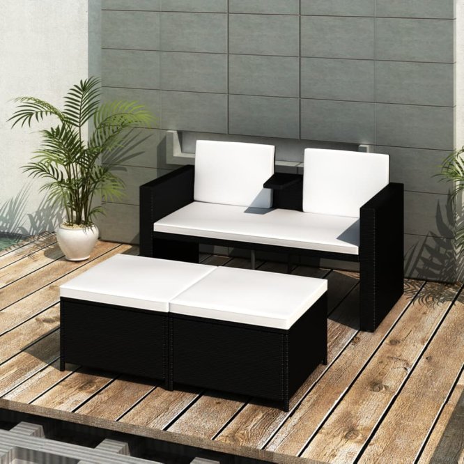 3-tlg. Garten-Lounge-Set mit Auflagen Poly Rattan Grau