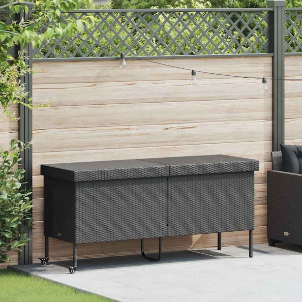 vidaXL Gartentruhe mit Rollen Schwarz 110x55x73 cm Poly Rattan