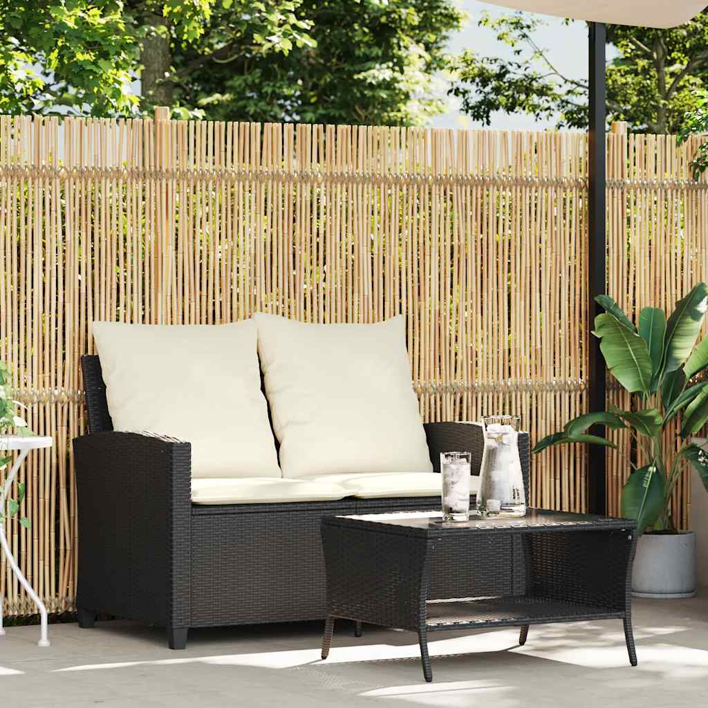 vidaXL Gartensofa 2-Sitzer mit Kissen & Tisch Schwarz Poly Rattan