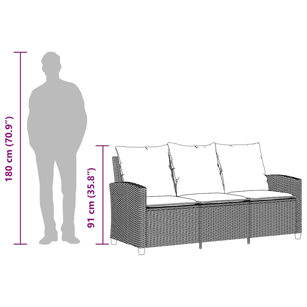 vidaXL Gartensofa 3-Sitzer mit Kissen & Tisch Schwarz Poly Rattan