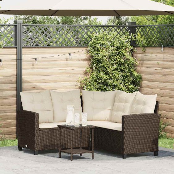vidaXL Gartensofa in L-Form mit Tisch und Kissen Schwarz Poly Rattan