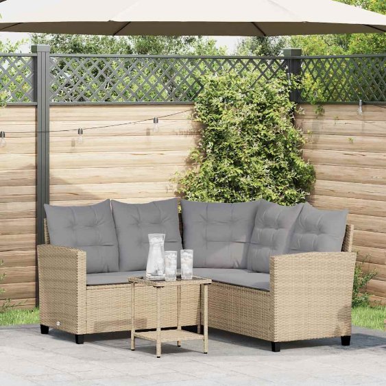 vidaXL Gartensofa in L-Form mit Tisch und Kissen Schwarz Poly Rattan