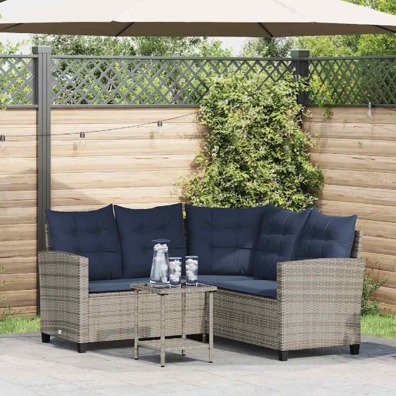 vidaXL Gartensofa in L-Form mit Tisch und Kissen Schwarz Poly Rattan