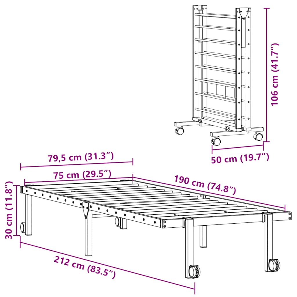 vidaXL Bettgestell ohne Matratze Klappbar Schwarz 75x190 cm Stahl