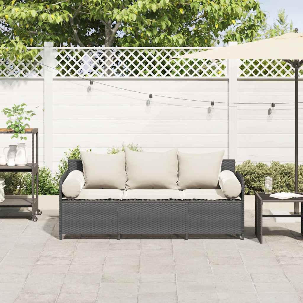 vidaXL Gartensofa mit Kissen 3-Sitzer Schwarz Poly Rattan