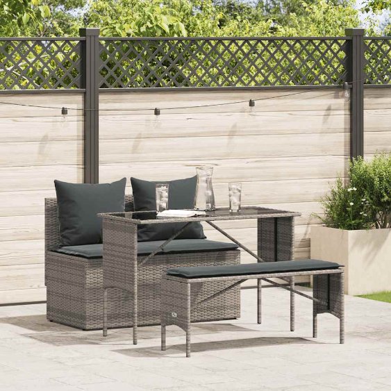 vidaXL 3-tlg. Garten-Essgruppe mit Kissen Schwarz Poly Rattan