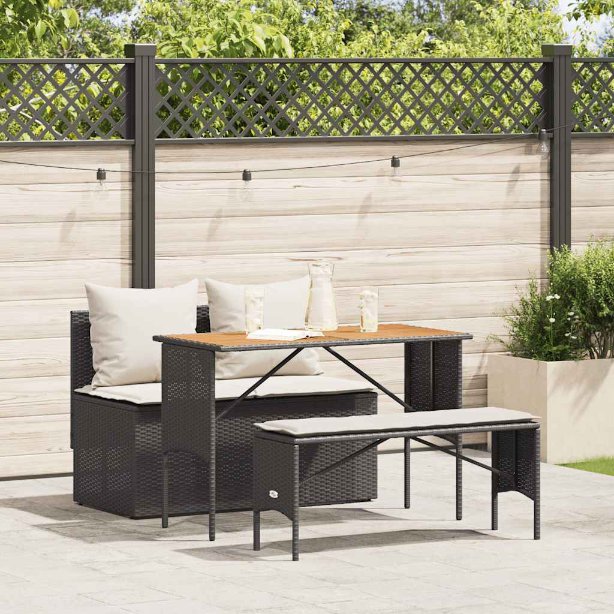 vidaXL 3-tlg. Garten-Essgruppe mit Kissen Schwarz Poly Rattan