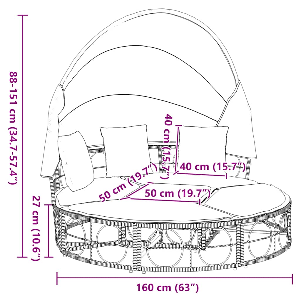vidaXL Outdoor-Loungebett mit Dach und Kissen Schwarz Poly Rattan
