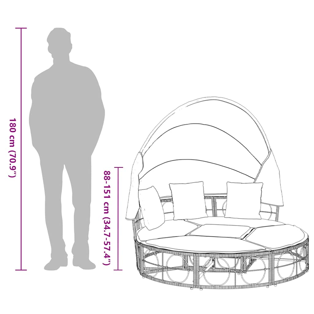 vidaXL Outdoor-Loungebett mit Dach und Kissen Schwarz Poly Rattan