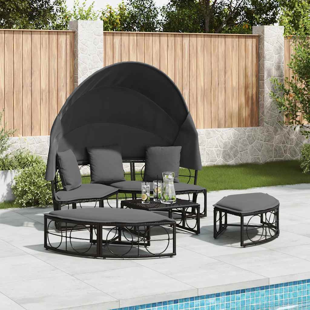vidaXL Outdoor-Loungebett mit Dach und Kissen Schwarz Poly Rattan