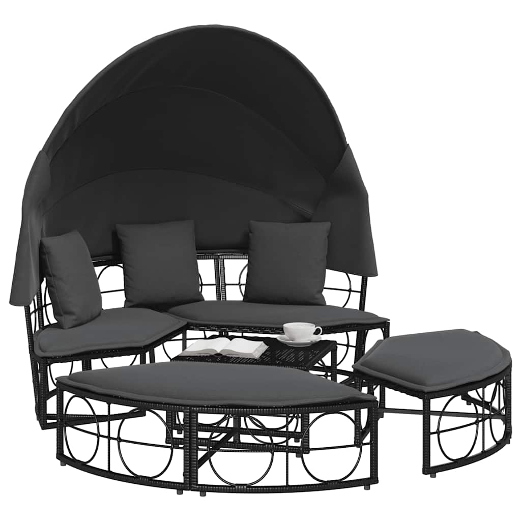 vidaXL Outdoor-Loungebett mit Dach und Kissen Schwarz Poly Rattan