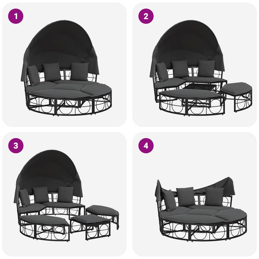 vidaXL Outdoor-Loungebett mit Dach und Kissen Schwarz Poly Rattan