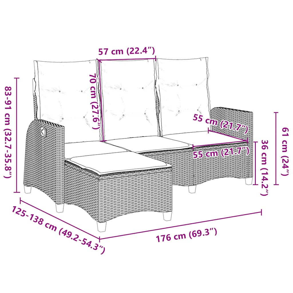 vidaXL Gartensofa mit Liegefunktion Kissen L-Form Schwarz Poly Rattan