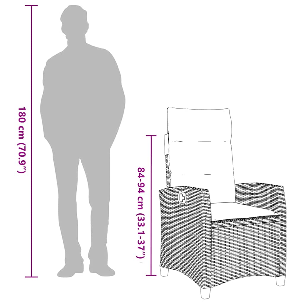 vidaXL Gartensessel mit Beistelltisch Verstellbar Schwarz Poly Rattan