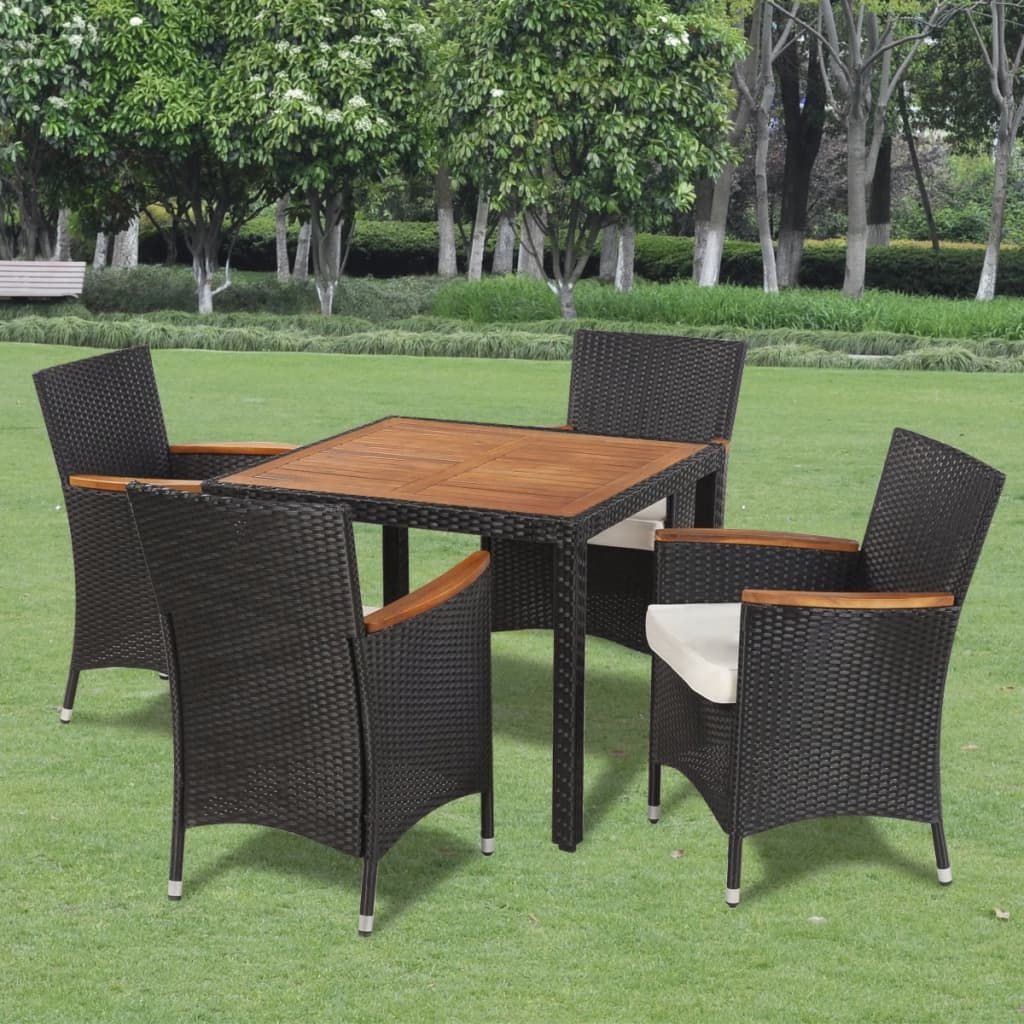 3-tlg. Garten-Essgruppe mit Auflagen Poly Rattan Schwarz