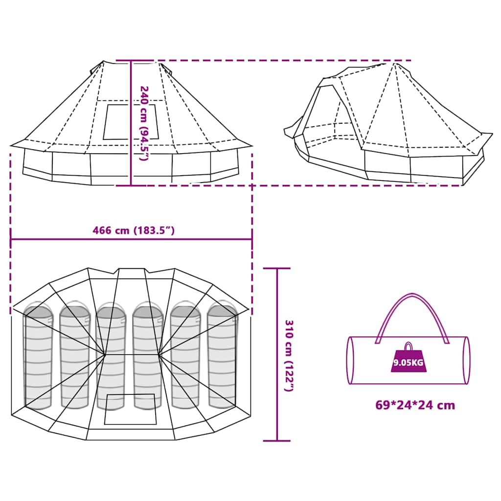 Familien-Tipi-Zelt mit Dach Grün 466 x 310 x 240 cm