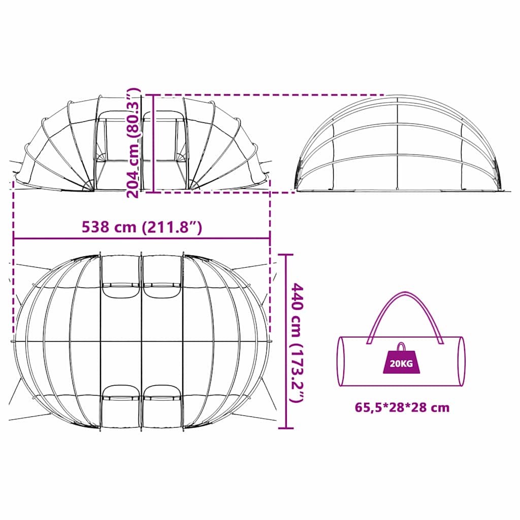 vidaXL Poolzelt Kuppel Grün 538 x 440 x 204 cm