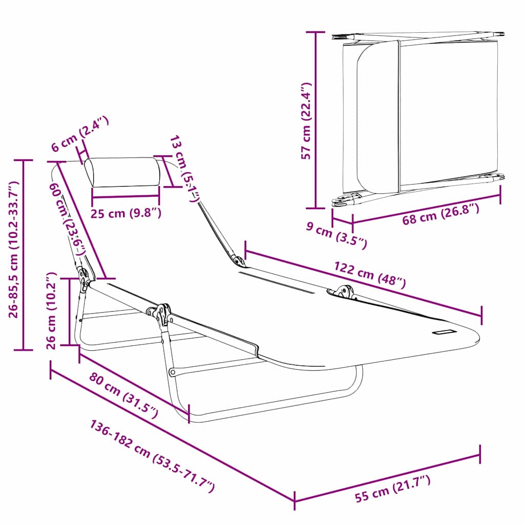 vidaXL Klappbare Sonnenliege Creme 182 x 55 x 85,5 cm Textilene