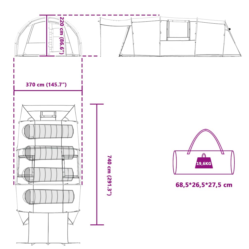 vidaXL Tunnelzelt mit Dach Grün und Weiß 740 x 370 x 220 cm