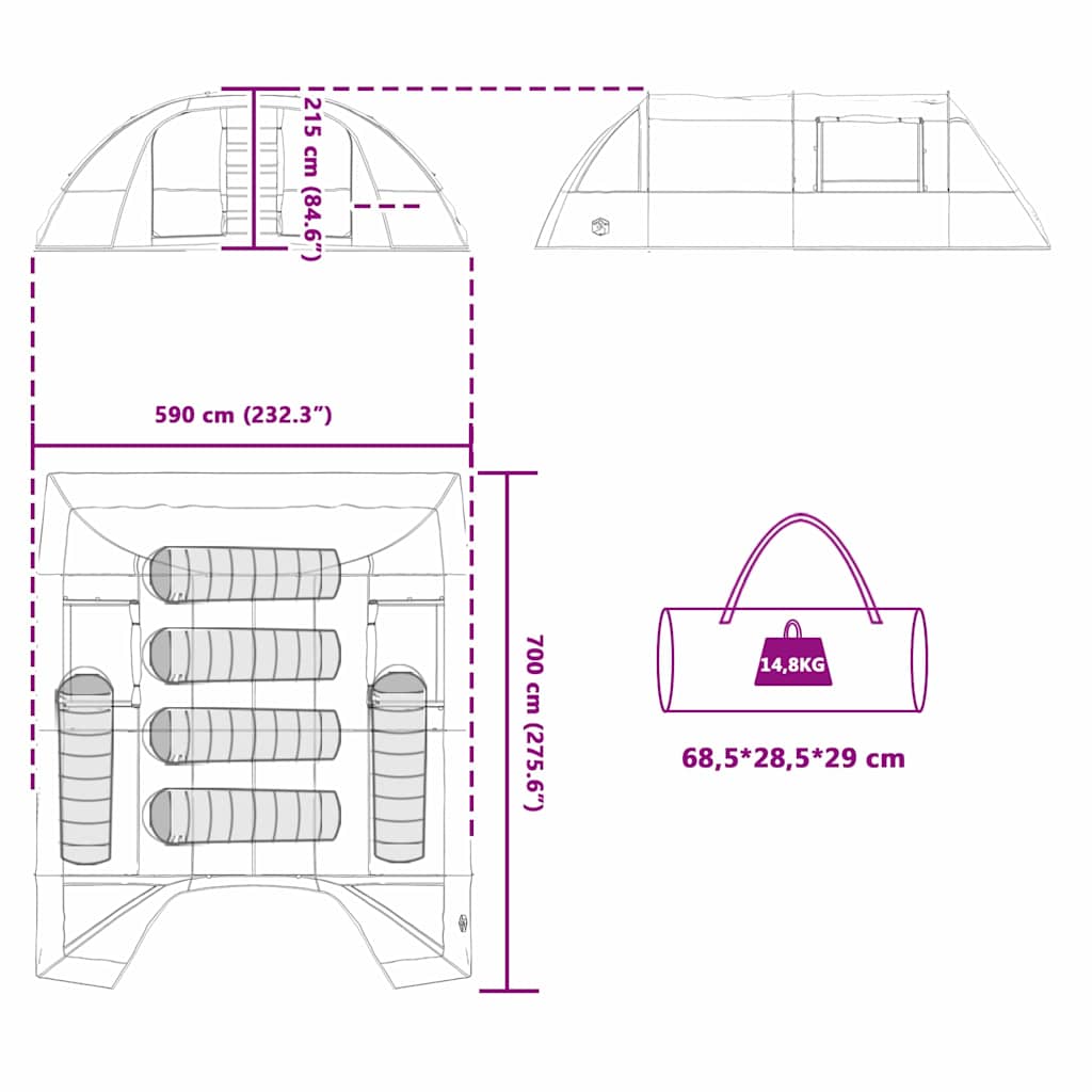 vidaXL Tunnelzelt mit Dach Grün und Weiß 700 x 590 x 215 cm