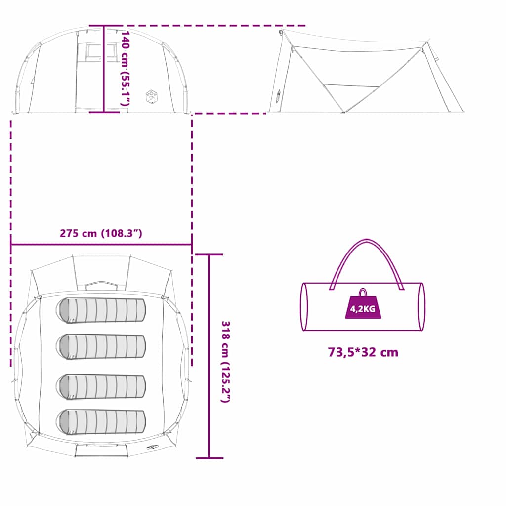 vidaXL Tunnelzelt mit Dach Grün und Weiß 318 x 275 x 140 cm
