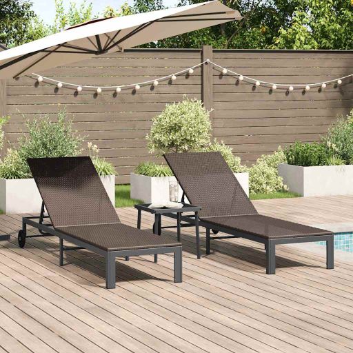 vidaXL Sonnenliege 2-Person 3 pcs Braun Poly-Rattan