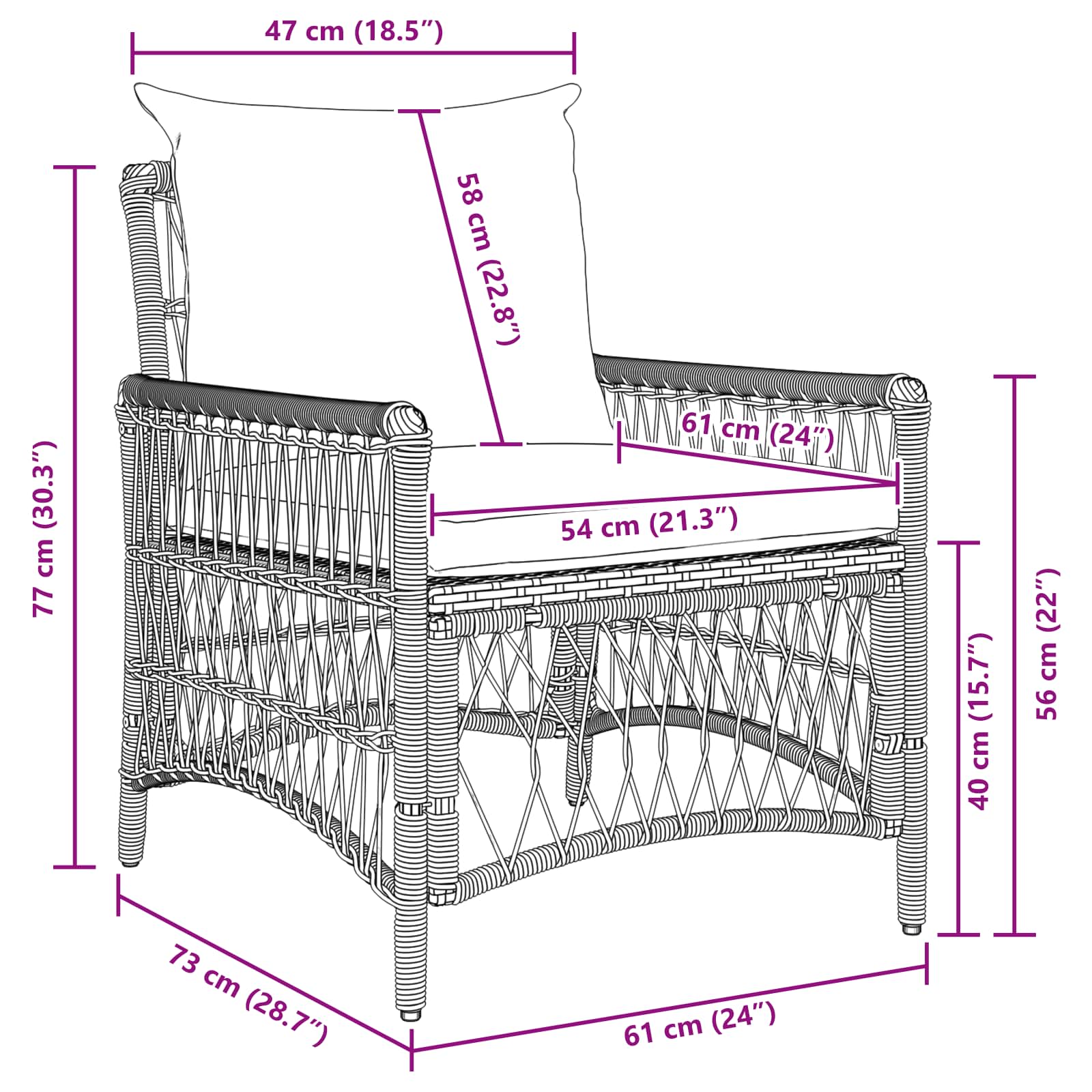 vidaXL Gartenstuhl mit Kissen Schwarz 73 x 61 x 77 cm Poly-Rattan