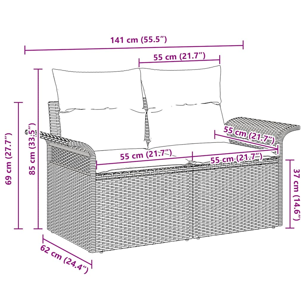 vidaXL Gartensofa mit Kissen Schwarz 141 x 62 x 69cm Poly-Rattan