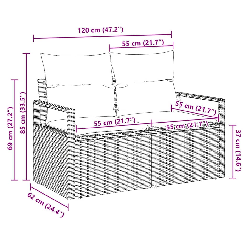 vidaXL Garten-Sofa mit Kissen 120 x 62 x 69 cm Poly-Rattan