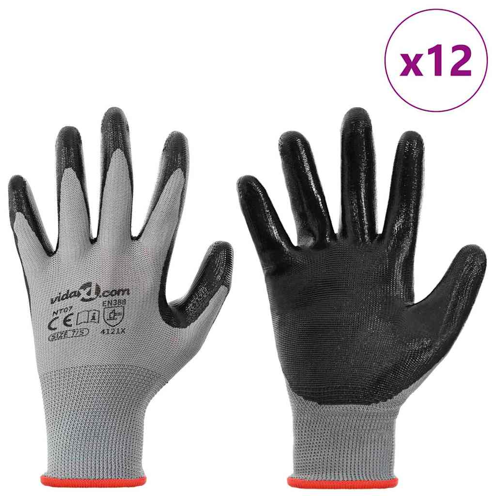 vidaXL Arbeitshandschuhe 12 pcs Grau und Schwarz 7 / S Polyester