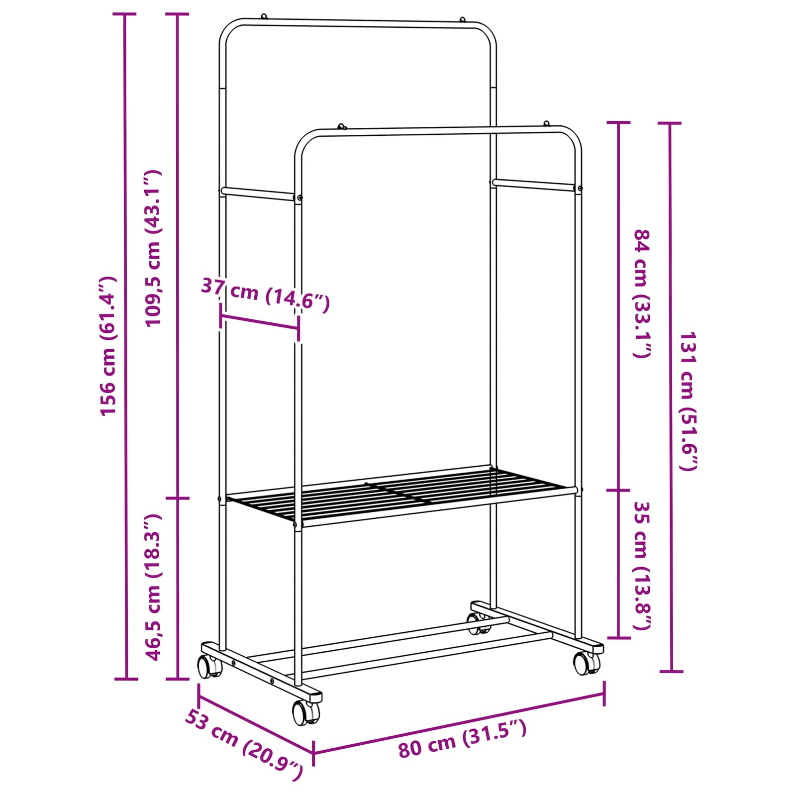 vidaXL Kleiderständer mit Regal Mit Rad mit Speicher Schwarz