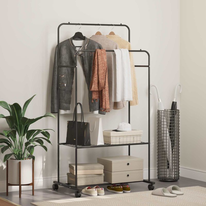 vidaXL Kleiderständer mit Regal Mit Rad mit Speicher Schwarz