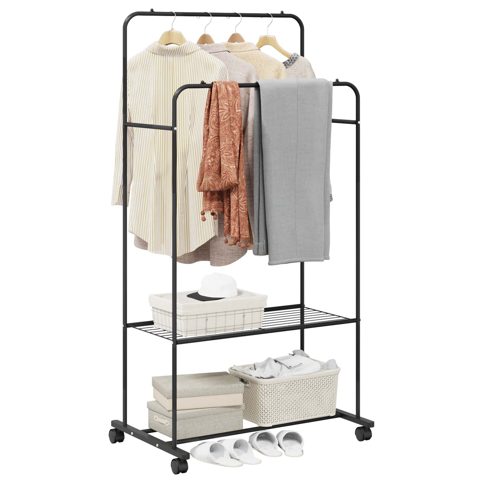 vidaXL Kleiderständer mit Regal Mit Rad mit Speicher Schwarz