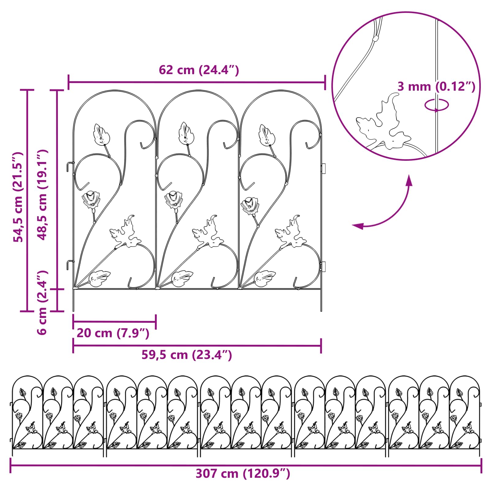vidaXL Gartenzaun Spalier Schwarz 307 x 54,5 x 0,3 cm