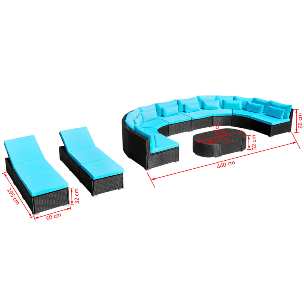vidaXL 13-tlg. Garten-Lounge-Set mit Auflagen Poly Rattan Blau