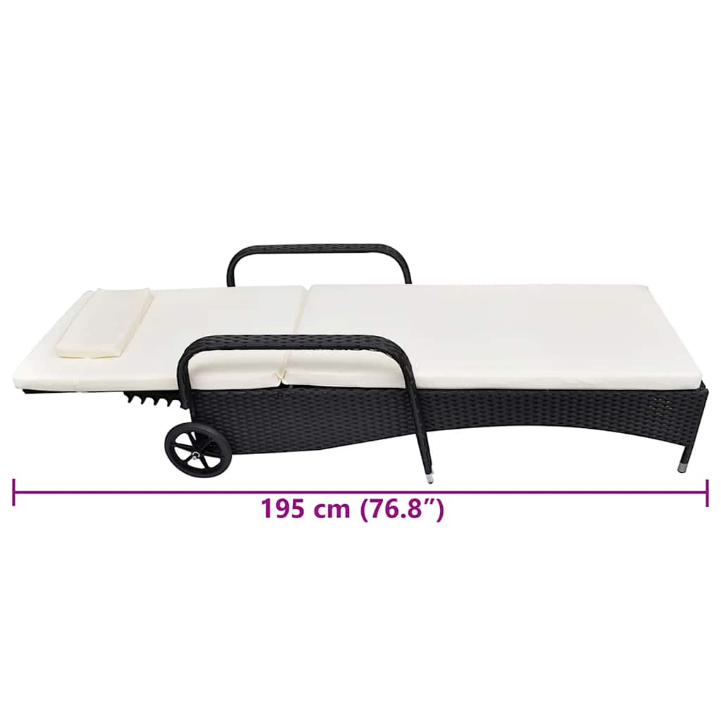 vidaXL Sonnenliege mit Polster & Rollen Poly Rattan Schwarz