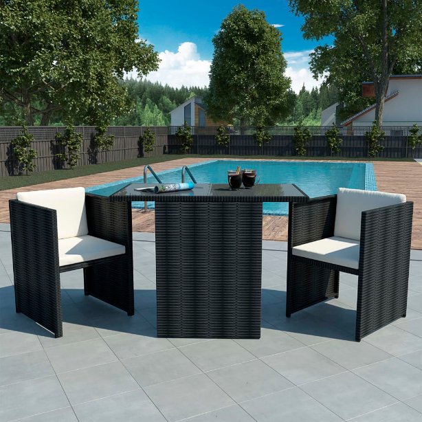 vidaXL 3-tlg. Bistro-Set mit Auflagen Poly Rattan Schwarz