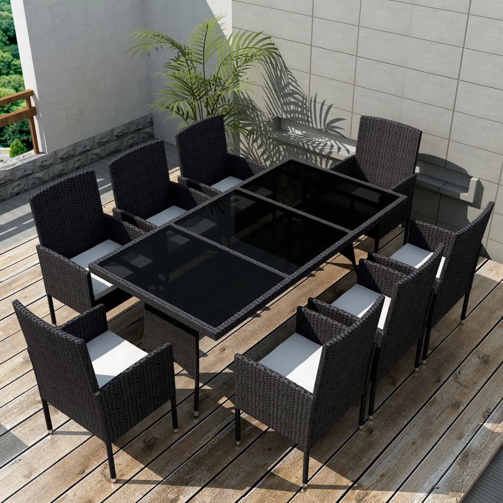 vidaXL 9-tlg. Garten-Essgruppe mit Kissen Poly Rattan Schwarz