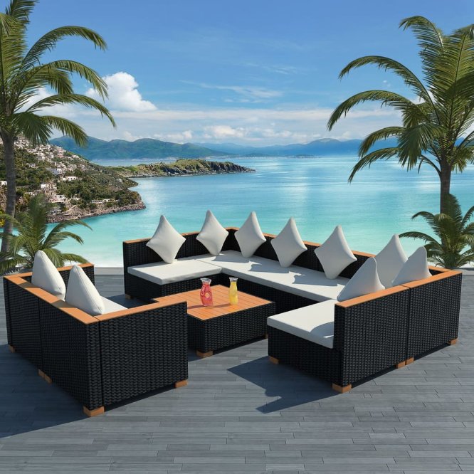 vidaXL 7-tlg. Garten-Lounge-Set mit Auflagen Poly Rattan Schwarz