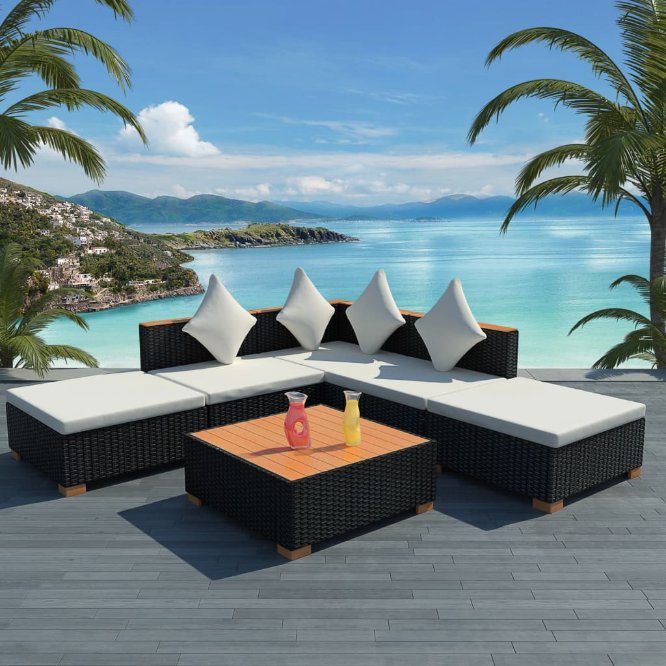 vidaXL 7-tlg. Garten-Lounge-Set mit Auflagen Poly Rattan Schwarz
