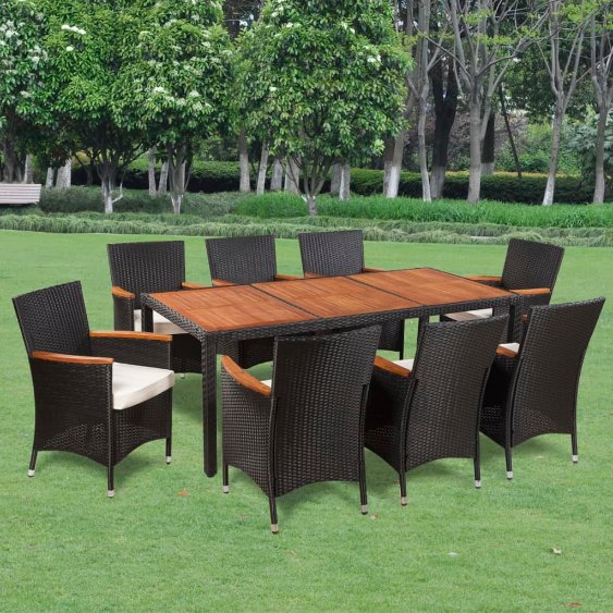 3-tlg. Garten-Essgruppe mit Auflagen Poly Rattan Schwarz