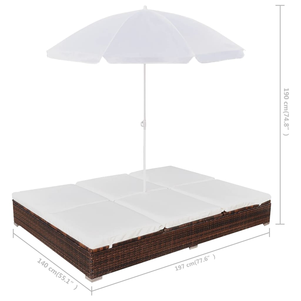 vidaXL Outdoor-Loungebett mit Sonnenschirm Poly Rattan Braun