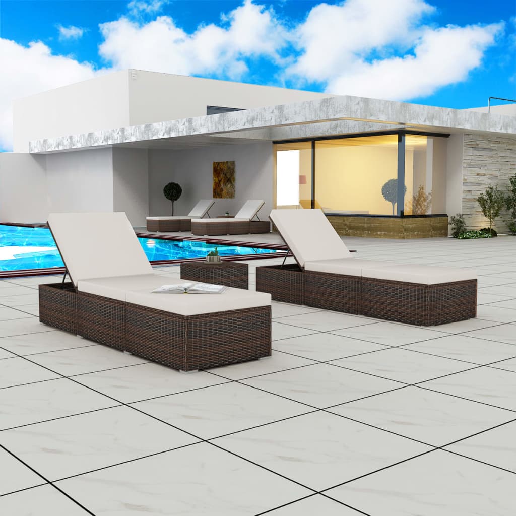 vidaXL Sonnenliegen 2-tlg. mit Tisch Poly Rattan Braun