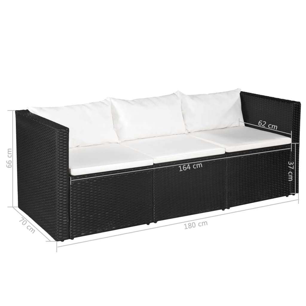 vidaXL 3-Sitzer-Gartensofa Schwarz Poly Rattan mit weißen Kissen